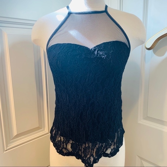 Kimchi Blue | Black Racerback Lace Lined Sheer Top Sleeveless Tank Shirt Top S - Picture 1 of 7